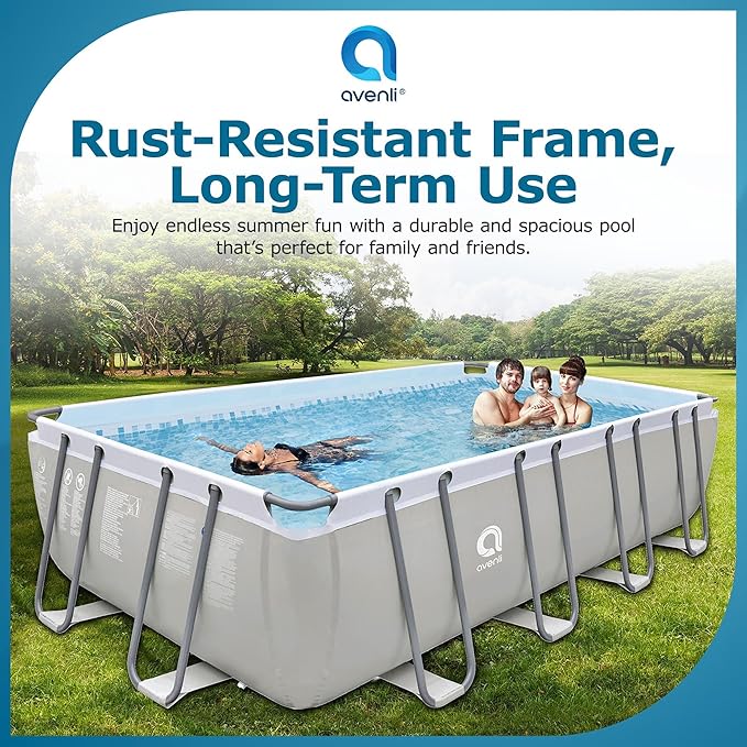 JLeisure Avenli 18 by 10 by 4 Feet Outdoor Backyard Above Ground Rectangular Steel Frame Swimming Pool for Adults and Kids with Repair Kit, Gray