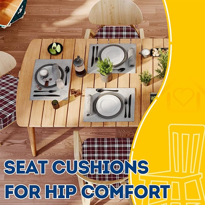 AAAAAcessories D-Shaped Chair Cushions, 2" Thick Dining Chair Pads with Ties and Removable, Machine-Washable Cover, 17" x 16", Set of 6, Red Checkered