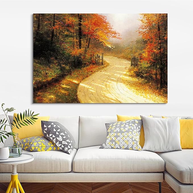 STUDIO HAVEN Thomas Kinkade Canvas Wall Art, Autumn Forest Path Golden Leaves Country Lane with Wooden Fence Oil Painting Poster Tranquil Fall Wall Decor, Framed Prints for Home Decor, 16x12Inch