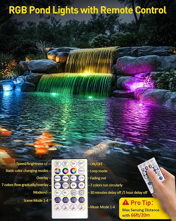 T-SUN Colored Pond Lights with Timer, LED Underwater Submersible Fountain Fish Tank Landscape Lights - Bluetooth APP & Remote Control, IP68 Waterproof (Set of 3)