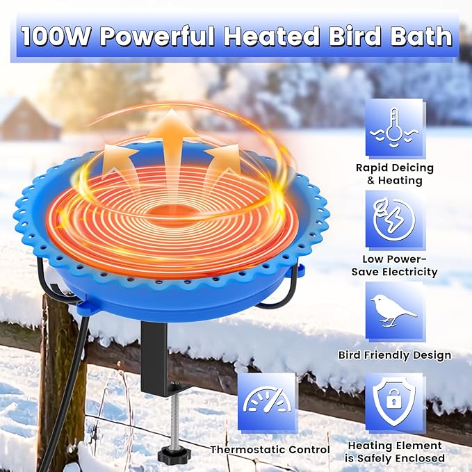 Heated Bird Bath for Outdoors, Upgraded 100W Thermostatically Controlled Heated Bird Baths for Deck Railing Large Capacity Heated Birdbath for Outside Winter Garden Yard Patio Lawn (Blue)