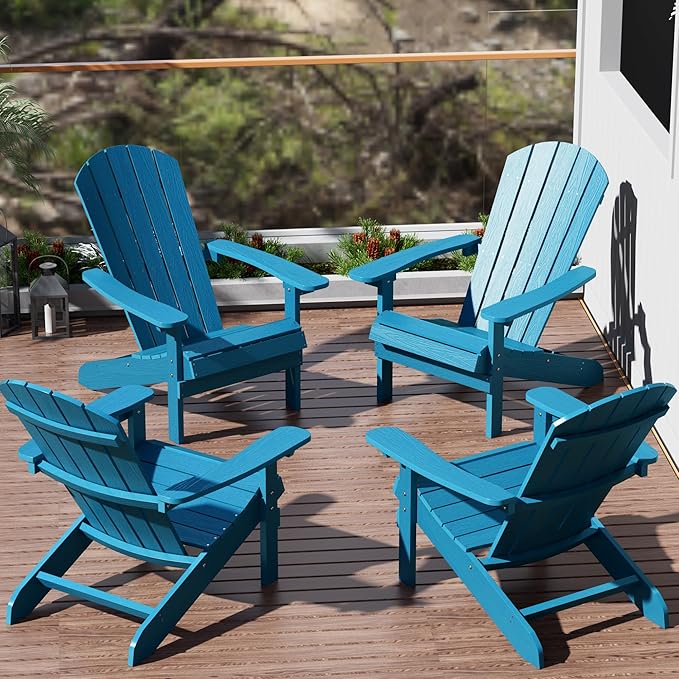 YEFU Adirondack Chairs Set of 4: Outdoor Chair HIPS Plastic Adirondack Chairs - Patio Chairs with Wood Texture - Lawn Fire Pit Deck Porch Garden Chairs for Adults (Pacific Blue)