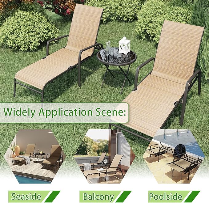 Devoko Patio Chaise Lounges Sets Outdoor Lounge Chairs with Adjustable Backrest & Sturdy Glass Top Coffee Table Suitable for Poolside, Beach, Backyard, Garden (Beige)