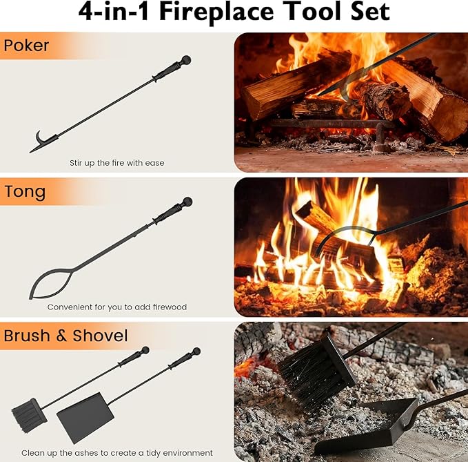 Tangkula 5-Pieces Fireplace Tool Set, 4-in-1 Indoor Outdoor Fire Place Set Tools with Poker, Tongs, Brush, Shovel and Square Stand, Metal Firepit Tool Set with Aluminum Handles, Black