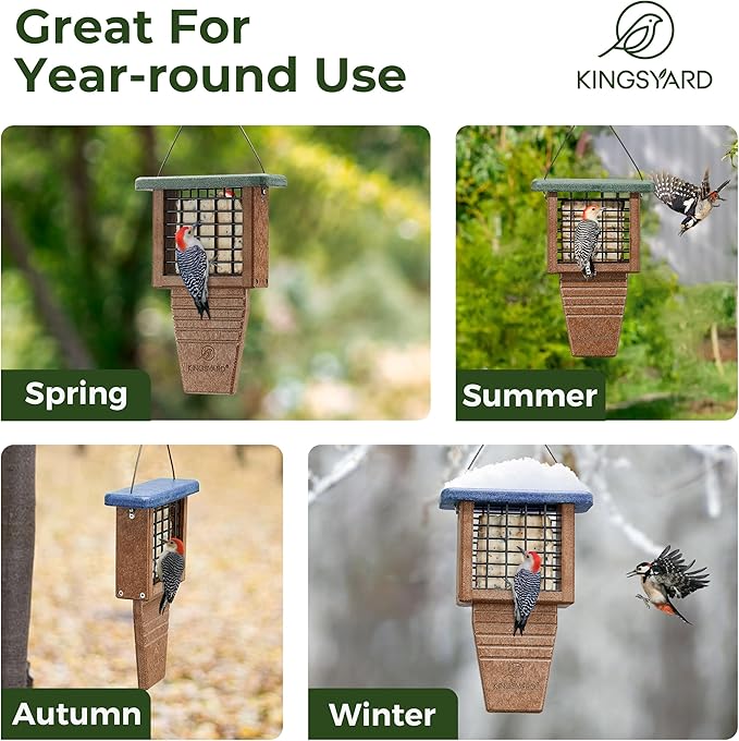 Kingsyard Recycled Plastic Suet Feeder, Tail Prop Suet Feeder for Outside Hanging, Sturdy & Durable, Great for Woodpecker & Clinging Birds, Green