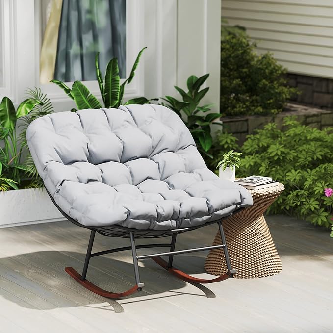 Outsunny Outdoor Rocking Chair Set of 2, Oversized Rocking Papasan Chairs with Cushions, Steel Frame, Comfy Outdoor Rockers for Patio Porch Lawn Garden, Gray