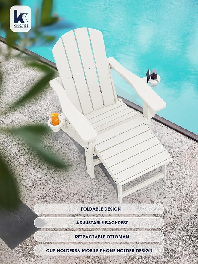 KINGYES Folding Adjustable Adirondack Chair with Ottoman & 2 Cup Holders Set of 2, HDPE Adirondack Recliner Chair with Footrest, White