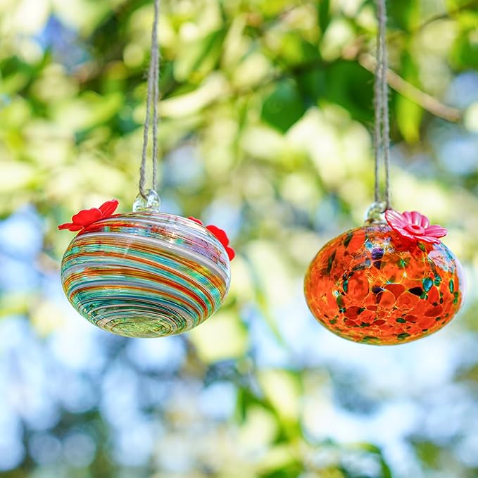 2pcs Small Blown Glass Hummingbird Feeders for Outdoors 3.2in Hanging Glass Humming Bird Feeders for Window Patio Decor with 2 Flower Feeding Ports