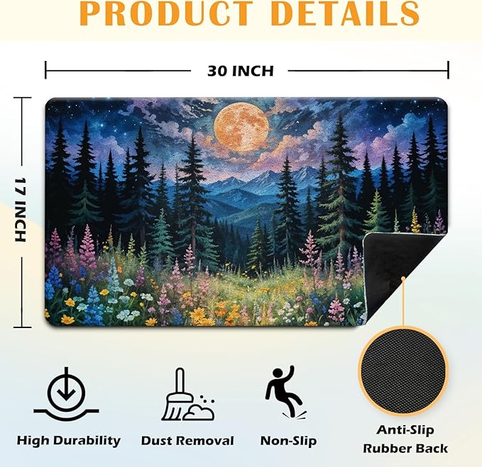 JINYO Watercolor Boho Moon Wildflower Door Mat, Cottagecore Forest Aesthetic Welcome Mat Doormat for Front Door Porch Indoor Outside Entrance Entryway, 17x30 Inch