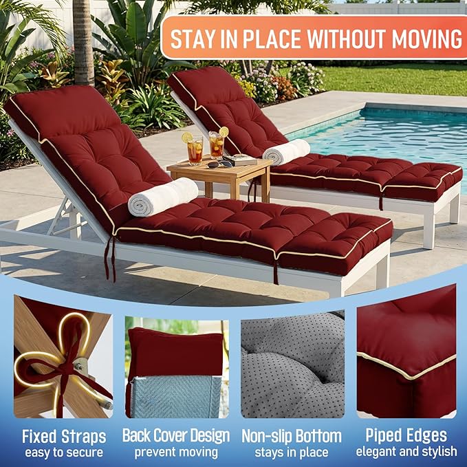 MAGIC ELEPHANT Chaise Lounge Cushion Outdoor, Memory Foam Patio Lounge Chair Cushion with Ties for Indoor Outdoor Furniture, Water-Repellent Replacement Long Chair Cushion (Burgundy)
