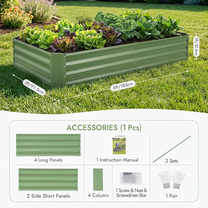 INNO STAGE Galvanized Raised Garden Bed Kit, 6x3x1FT Metal Raised Garden Beds for Vegetables, Rust-Resistant & Easy Assembly, Outdoor Raised Beds for Gardening, Flowers, Herbs (Green)