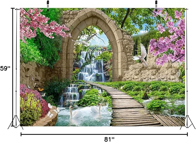 BELECO 7x5ft Fabric Romantic Garden Backdrop Mountain Waterfall Blooming Cherry Blossoms Dove Swan Lake River Bridge Wonderland Background Home Wall Decor Birthday Wedding Photoshoot Studio Props