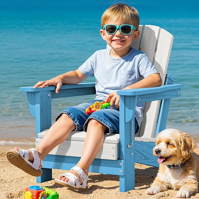 SERWALL Kids Adirondack Chair, HDPE Adirondack Chair for Children,All-Weather Resistant for Patio, Garden, Backyard - White and Light Blue