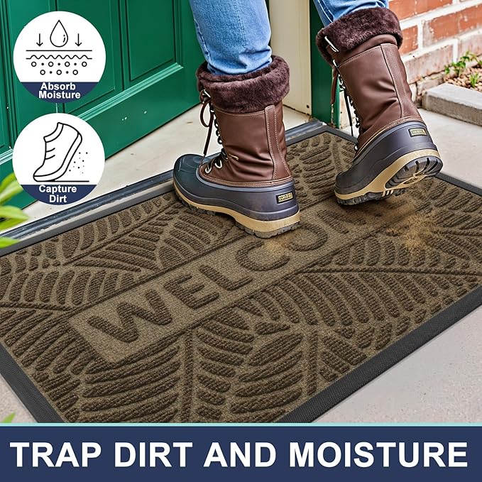 Smiry Welcome Mat Indoor Outdoor, All-Season Waterproof Front Door Mat, Sturdy Natural Rubber Doormat, Non-Slip, Easy Clean, Low Profile Dirt Trapper for Porch Patio Entrance, 35x23, Brown
