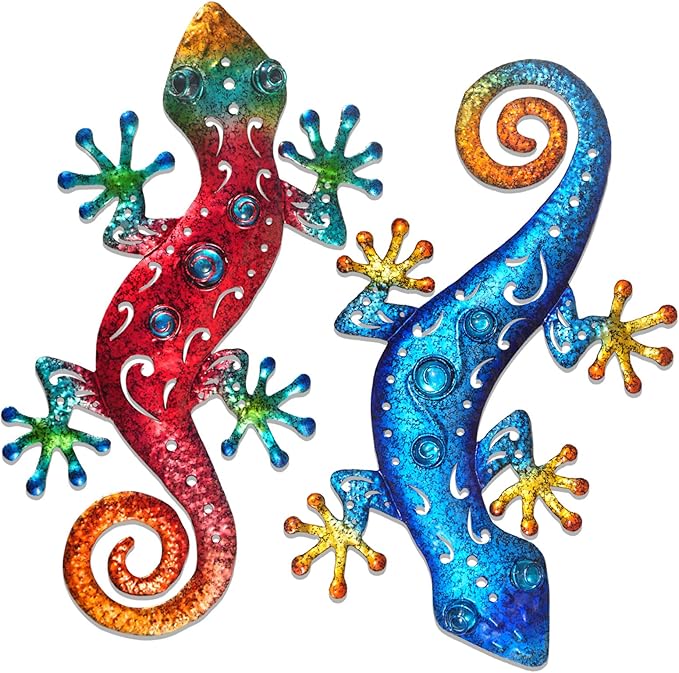 Metal Lizard Outdoor Decor Metal Gecko Wall Art Hanging Garden Fence Yard Patio Set of 2