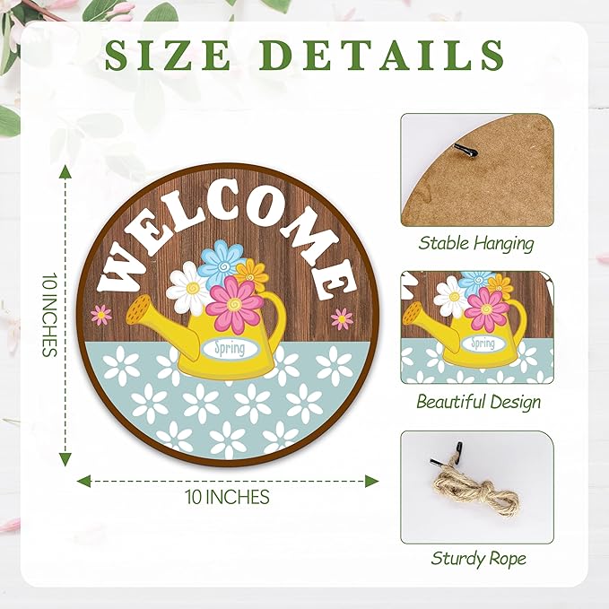Spring Hanging Decor For Front Door, Watering Can With Flowers Welcome Spring Round Sign Decor For Farmhouse Home Yard Porch, Hello Spring Decorations, Spring Wall Plaque Gifts For Friends Family -02
