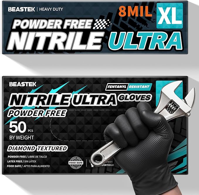 Beastek Nitrile Disposable Gloves, 8Mil Latex & Powder Free Chemical Resistant Heavy Duty Food Safe Diamond Glove Black 50Pcs