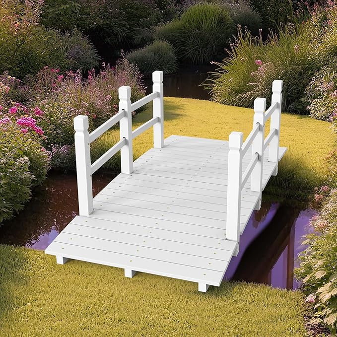 Outvita 5 ft Garden Wooden Bridge Arch Stained Finish with Safety Rails Outdoor Footbridge for Backyard Creek Farm, Decorative Pond Bridge