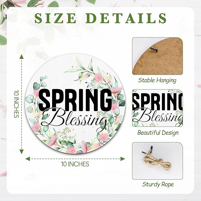 Spring Hanging Decor For Front Door, Spring Blessing Round Sign Decor For Farmhouse Home Yard Porch, Hello Spring Decorations, Christian Spring Wall Plaque Gifts For Friends Family -06