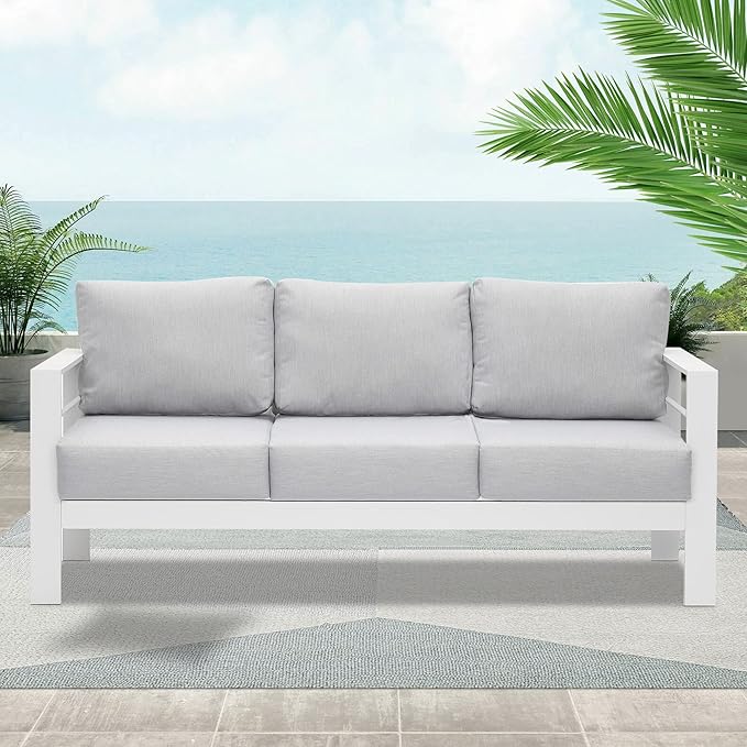 Wisteria Lane Patio Furniture Aluminum Sofa, All-Weather Outdoor 3 Seats Couch, White Metal Chair with Light Grey Cushions