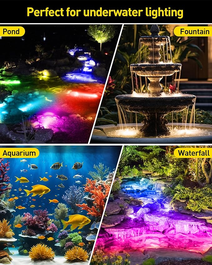 T-SUN Colored Pond Lights, Bright LED Underwater Pond Light Submersible Fountain Lights APP and Remote Control,Dimmable,Timer, IP68 Waterproof Fish Tank Light for Aquarium Fountain Garden (4-Head)