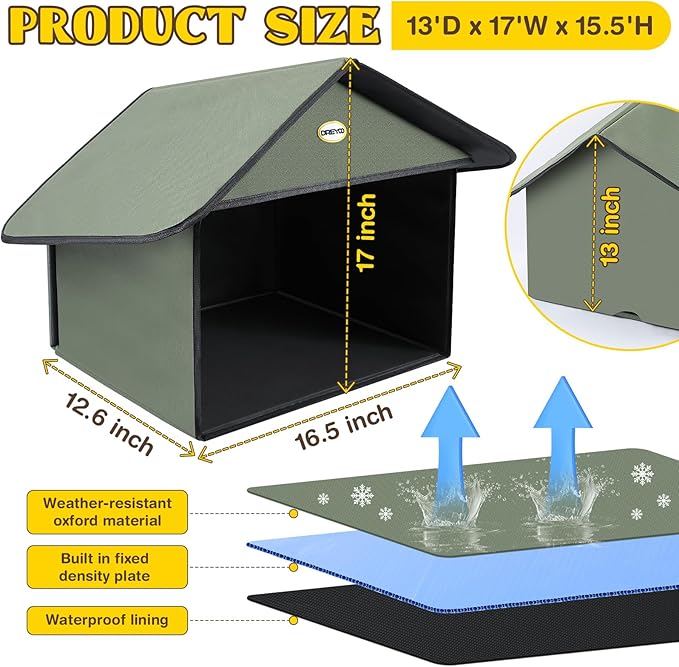 Dreyoo Outdoor Cat Feeding Station for Food & Water, Weatherproof Outdoor Kitty Dining Room Cat Shelter for Stray, Feral Cats and Community Cats, 13”d x 17”w x 15.5'h(1 Pack,Dark Green)