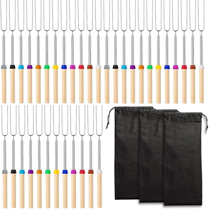 Eccliy 36 Pcs Roasting Sticks Campfire Smores Skewers for Fire 32 Inch Long Extendable Fork Smores Sticks with Wooden Handle 3 Pcs Storage Bag for Cooking Grill Hot Dog Camping Accessories