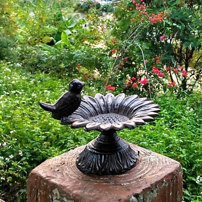 GXXMEI 5.5" Cast Iron Birdfeeder Birdbath Outdoor Garden, Dark Brown(Small Size)