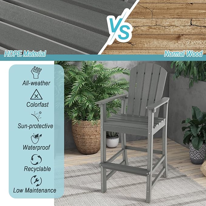 Giantex Outdoor HDPE Bar Stool, Tall Adirondack Chair with Armrests and Footrest, 30 Inches Counter Height Bar Stool for Garden, Backyard, Weather Resistance, Easy Maintenance (2, Gray)
