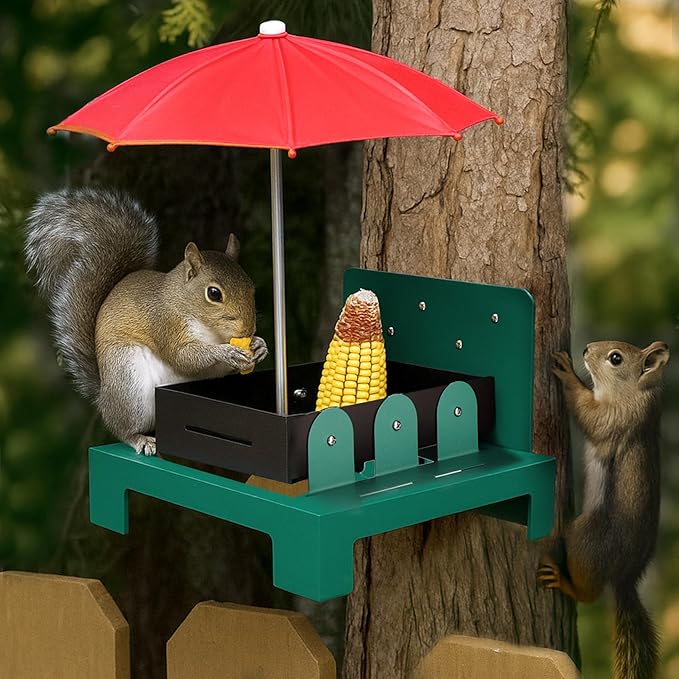 Squirrel Picnic Table Feeder with Umbrella – Metal Squirrel Feeder for Outdoors, Large Food Tray & Corn Cob Holder, Funny Picnic Table for Wildlife, Tree-Mount Squirrel Table Feeding Station
