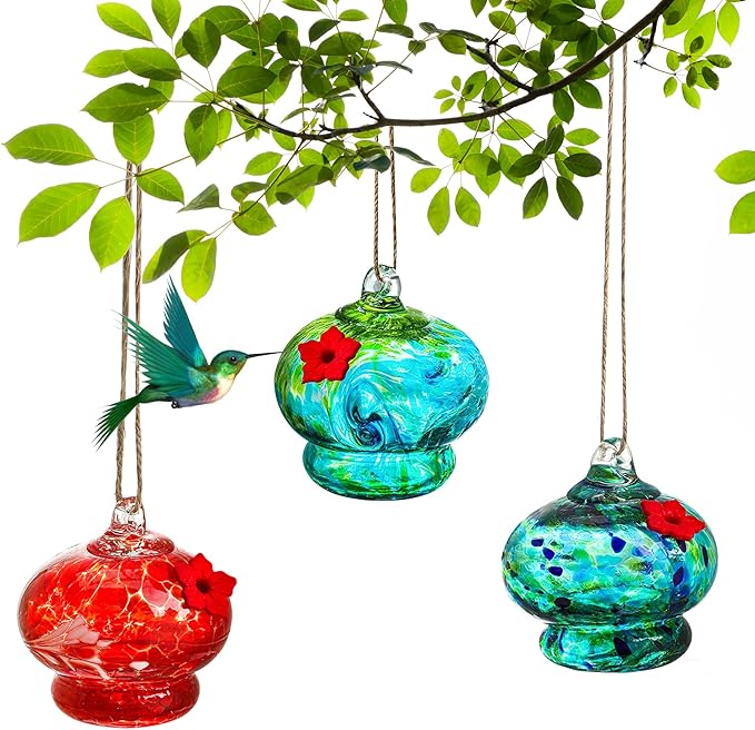 3pcs Blown Glass Hummingbird Feeder Hanging Glass Bird Feeders with Flower Feeding Ports for Window Backyard Garden Outdoor Decor Gifts for Women