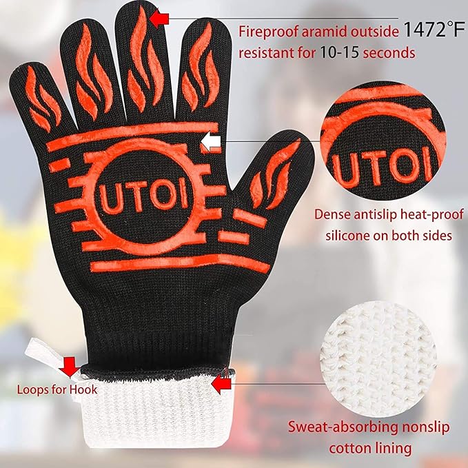 BBQ Grill Gloves 1472°F Heat Resistant, XL Long Non-Slip Oven Mitts Grilling Gloves for Men, for Campfire Cooking & Fire Pit, Smoker, Outdoor Cooking Essentials, Washable, Red