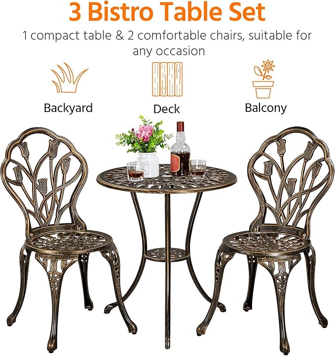 Yaheetech Patio Bistro Sets 3 Piece, Outdoor Rust-Resistant Cast Aluminum Garden Table and Chairs, Bronze