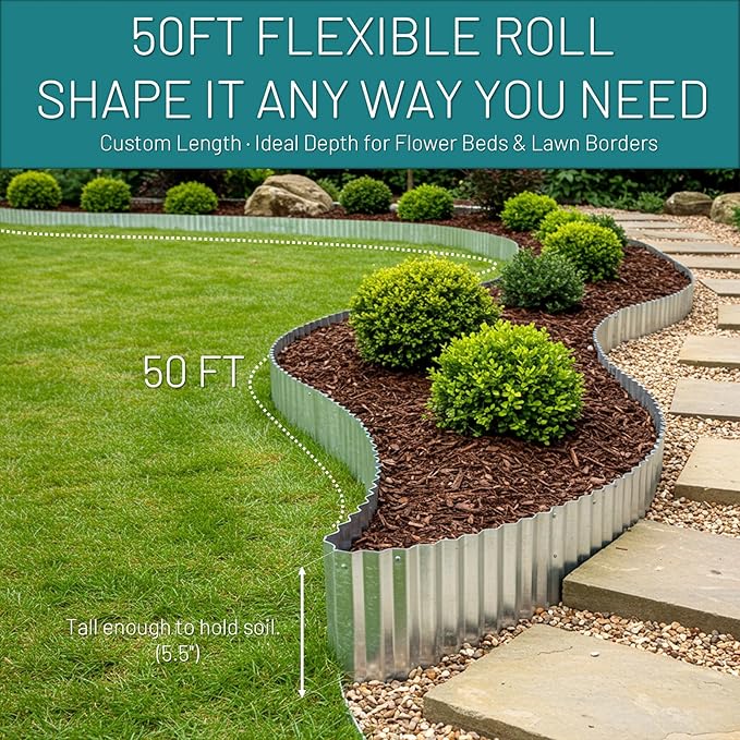 50FT Galvanized Steel Corrugated Metal Landscape Edging – Flexible & Rustproof Garden Edging Border, Decorative Metal Trim for Flower Beds, Lawn, Driveway, Walkway & Raised Beds