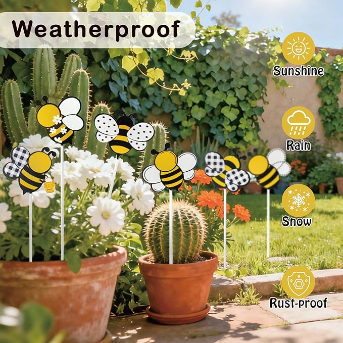 Metal Bee Planter Stakes - 6Pcs Cute Bumble Bee Yard Sign Decorative Garden Stake for Planter Outdoor Backyard Pathway Lawn Plant Flower Pots Decoration Spring Summer Easter Day Party Supply