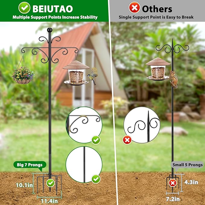 Bird Feeder Pole for Outdoors Heavy Duty Squirrel Proof, 2 Pack 92 Inch Adjustable Tall Shepherds Hooks for Outdoor with 7 Prongs Base, Double Shepherd Hooks (2 Pack Black, 92 Inch)
