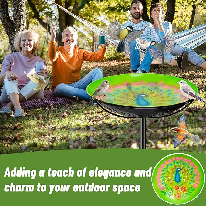 Metal Bird Bath for Outside, Freestanding Birdbaths & Birdfeeder with Colorful Peacock Embossed Basin, Vintage Bird Baths Feeder Bowl for Outdoors Garden Yard Lawn Decor (Peacock Green)