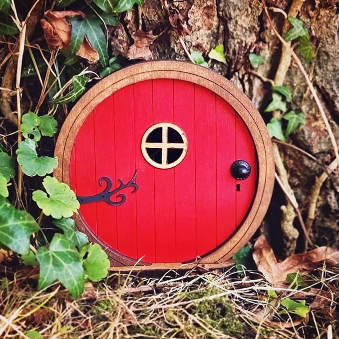 Red Fairy Garden Door for Tree, Fairy Doors for Trees Outdoor & Tree Trunk, Mini Fairy Garden Sculpture Lawn Ornament Decor, Fairytale Tiny House Doors Mini Gift, Fairytales Door Decoration
