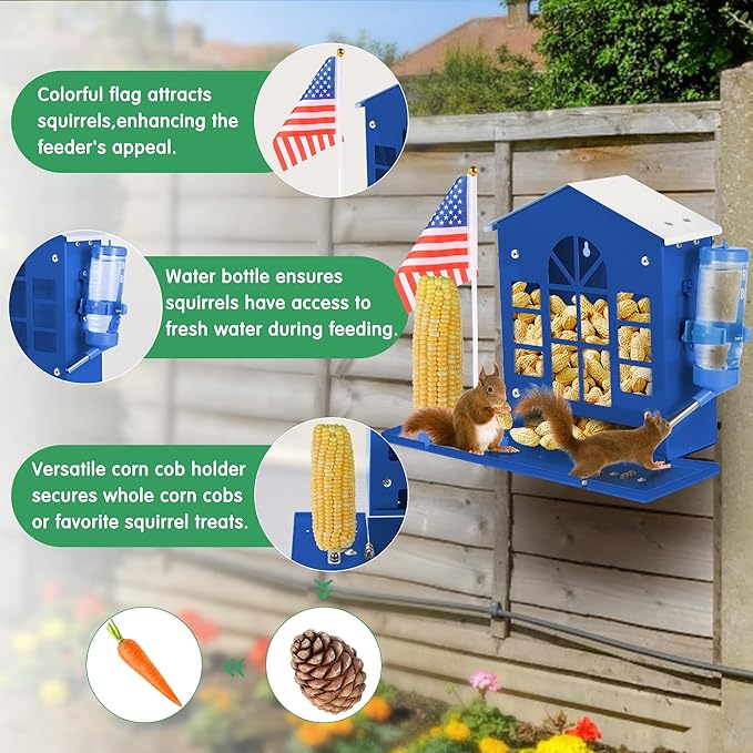 Metal Squirrel Feeder for Outside, Hanging Squirrel House for Outdoors with Water Bottle, Flag and Corn Cobs Holder, Peanut Feeder for Chipmun, Blue