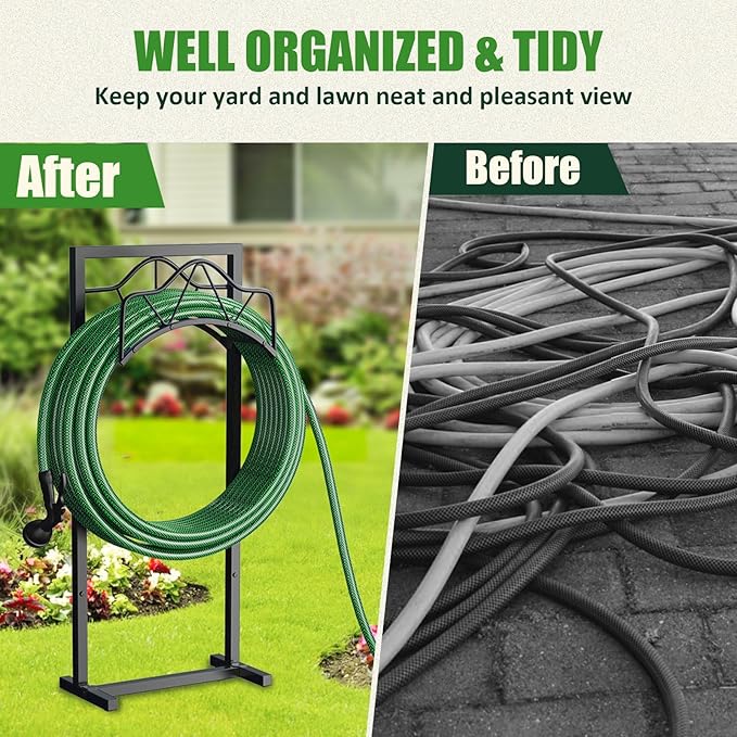 Freestanding Garden Hose Holder - Heavy Duty Metal Water Hose Holder for Outside, Detachable Hose Rack & Storage Hanger, 160FT Capacity for Lawn & Yard, Black