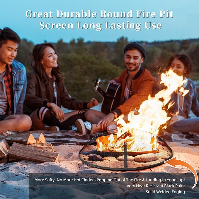 24Inch Round Fire Pit Spark Screen Cover,Outdoor Patio Mesh FirePit Screens,Heavy Duty Steel Domed Fire Pit Ember Guard with Handle