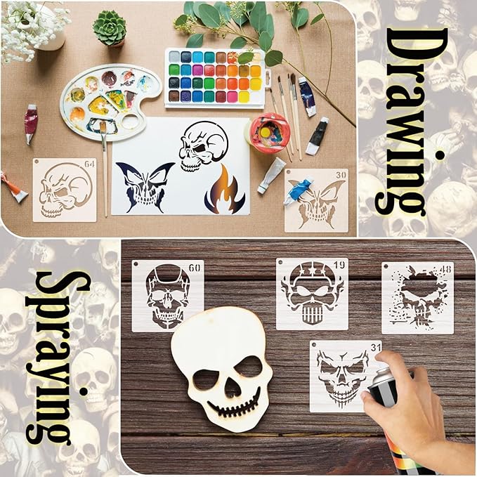 Small Stencils for Painting on Wood Burning Reusable, 3 Inch Reusable Stencil for Craft Ornament Paint Template Stencils for Wall Card Rock Wood Signs Coasters Canvas Home Decor (Skull)
