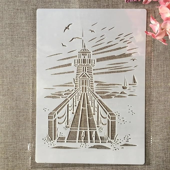 TIAMECH A4 Reusable Coast Lighthouse Stencil for Painting - Beach Seaside Boardwalk Layering Template, DIY Wall Art, Wood Furniture, Scrapbook & Crafts (8.3x11.7inch)