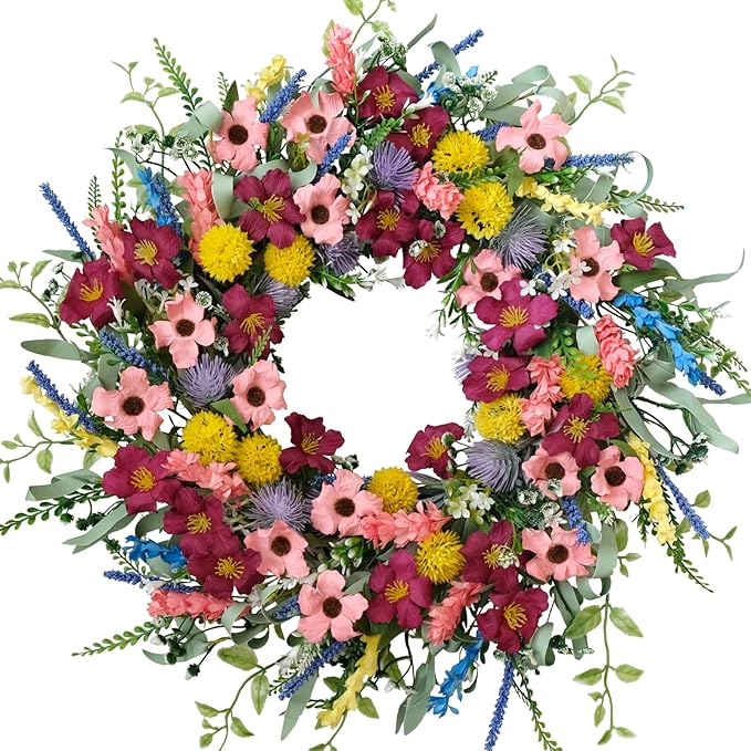 22 Inches Artificial Floral Wreath for Front Door Colorful Daisy and Green Leaves Wreath for Spring/Summer Indoor Outdoor Farmhouse Decor