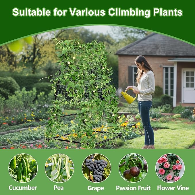 unho Garden Trellis for Climbing Plants with Tough Nylon Netting, 6ft Tall Sturdy Rustproof Metal Plant Support Tower for Vegetable Fruit Vine Cucumber Garden Lightweight，Outdoor