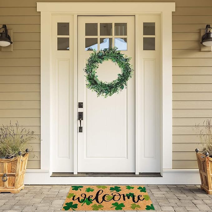 Whaline St. Patrick's Day Natural Coir Door Mat Gradient Green Shamrock Pattern Welcome Mat Non-Slip Lucky Clover Entrance Door Rugs for Indoor Outdoor Home Bathroom Decor, 16.5 x 29 Inch
