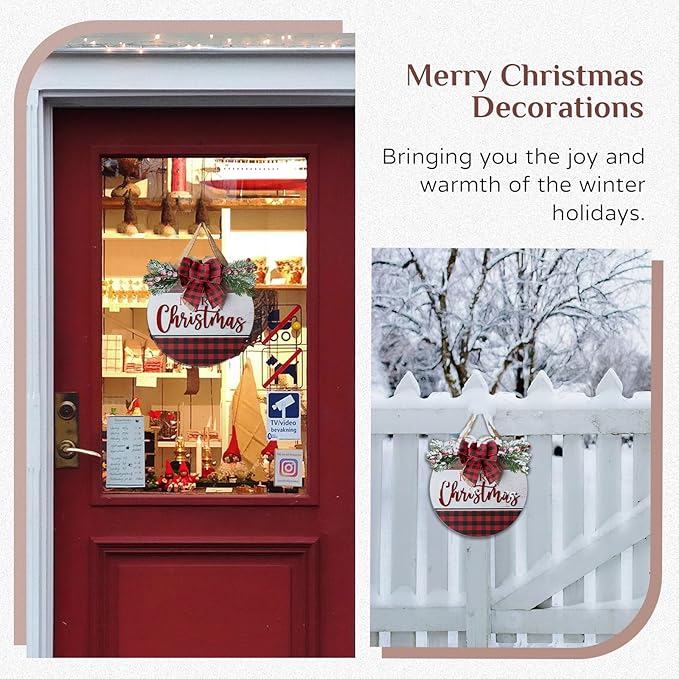 Christmas Sign for Front Door Wall Decor - Walasis Merry Christmas Signs Hanging for Indoor with Buffalo Plaid Bow Farmhouse 12 inch Red Xmas Wreath Hanger Decorations