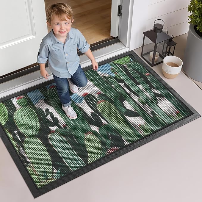 LUMI Outside Door Mat 32x47, Non Slip Rubber Backing Doormat, Low Profile Easy Clean Entrance Mats for Front Back Door Entryway Porch Garage, Cactus