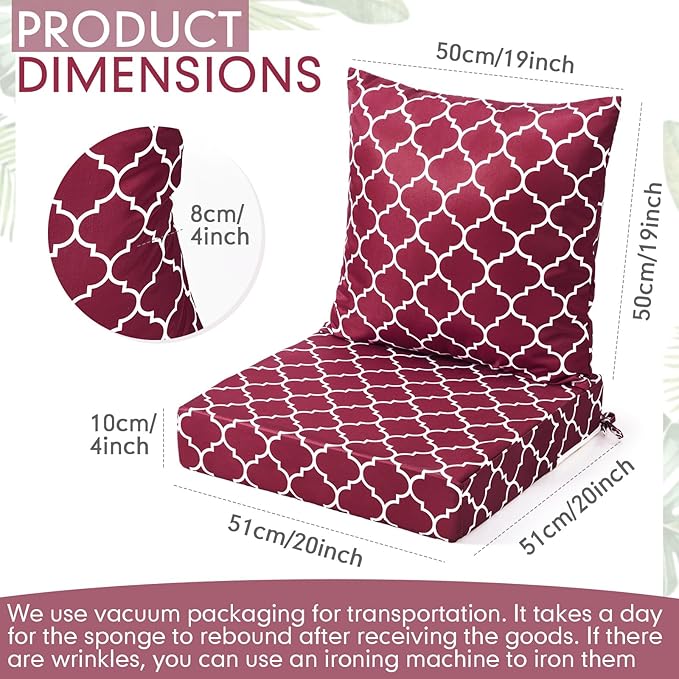 Hoteam 4 Set Outdoor Chair Patio Cushions Deep Seat Waterproof Chair Cushions 20 x 20 Inch for Patio Furniture Set Replacement Removable Seat and Back(Maroon Lantern)