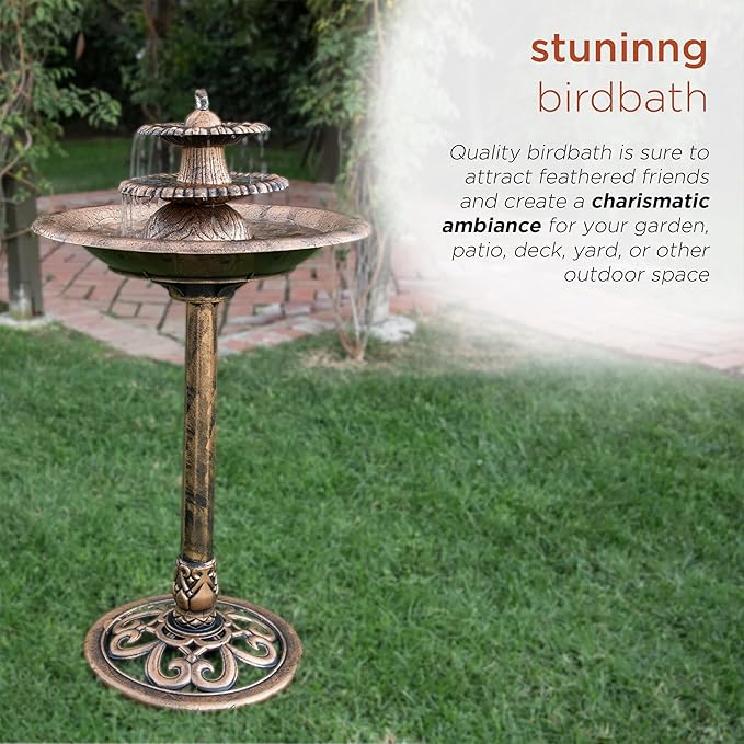 Alpine Corporation TEC106-BZ 35” Tall 3-Tier Pedestal Water Fountain with Birdbath in Vintage – Outdoor Garden Fountain for Yard, Patio, Deck Decoration, Bronze